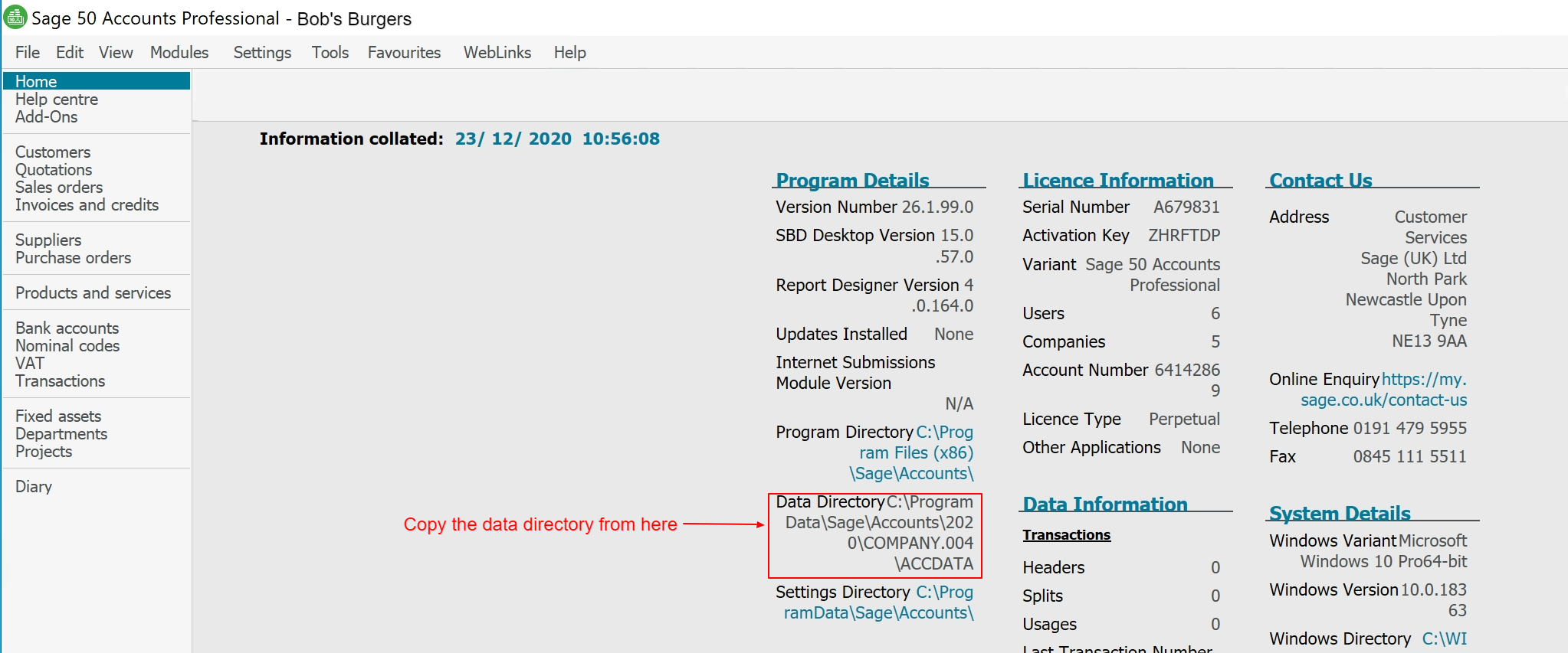 A screenshot of the interface of Sage 50 accounting platform, with the About section open for Bob&#39;s Burgers example company. Among program details, license information and contact details, data directory information is pointed out using a red box and arrow.